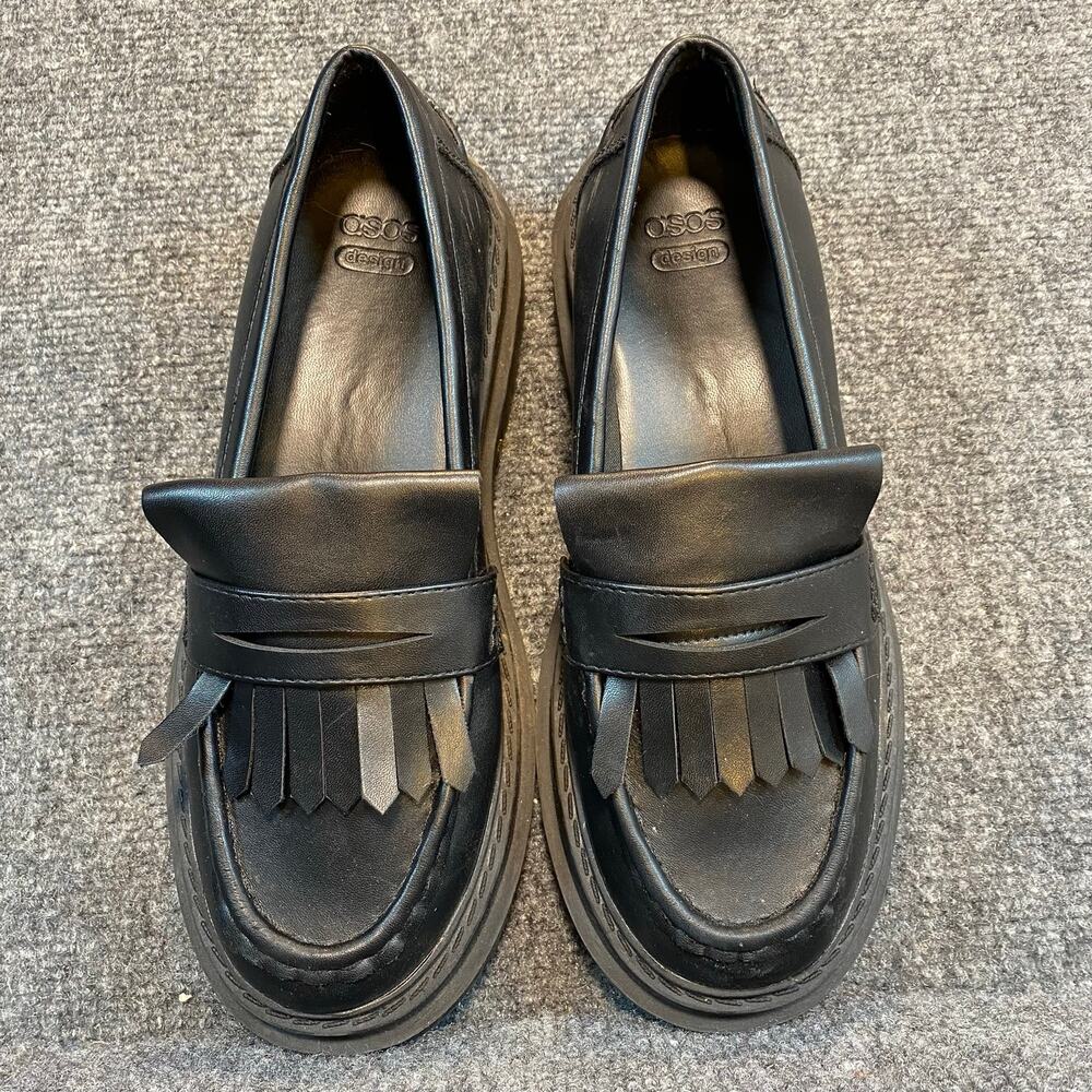 ASOS Womens 8 Melon Chunky Loafers Black Matte Faux Leather Y2K 90s Fringe